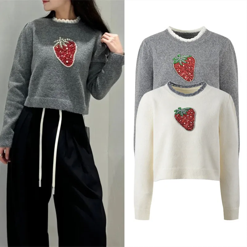 

High-End ey Sequin Stberry Lace round Ne Sweater Versatile ort Knitted Top for Autumn Winter Faion Ladies' Knitwear