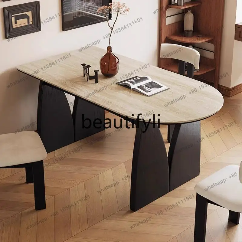 

French retro cream wind rock slab dining table ash wood semicircle against the wall dining table living room dining table
