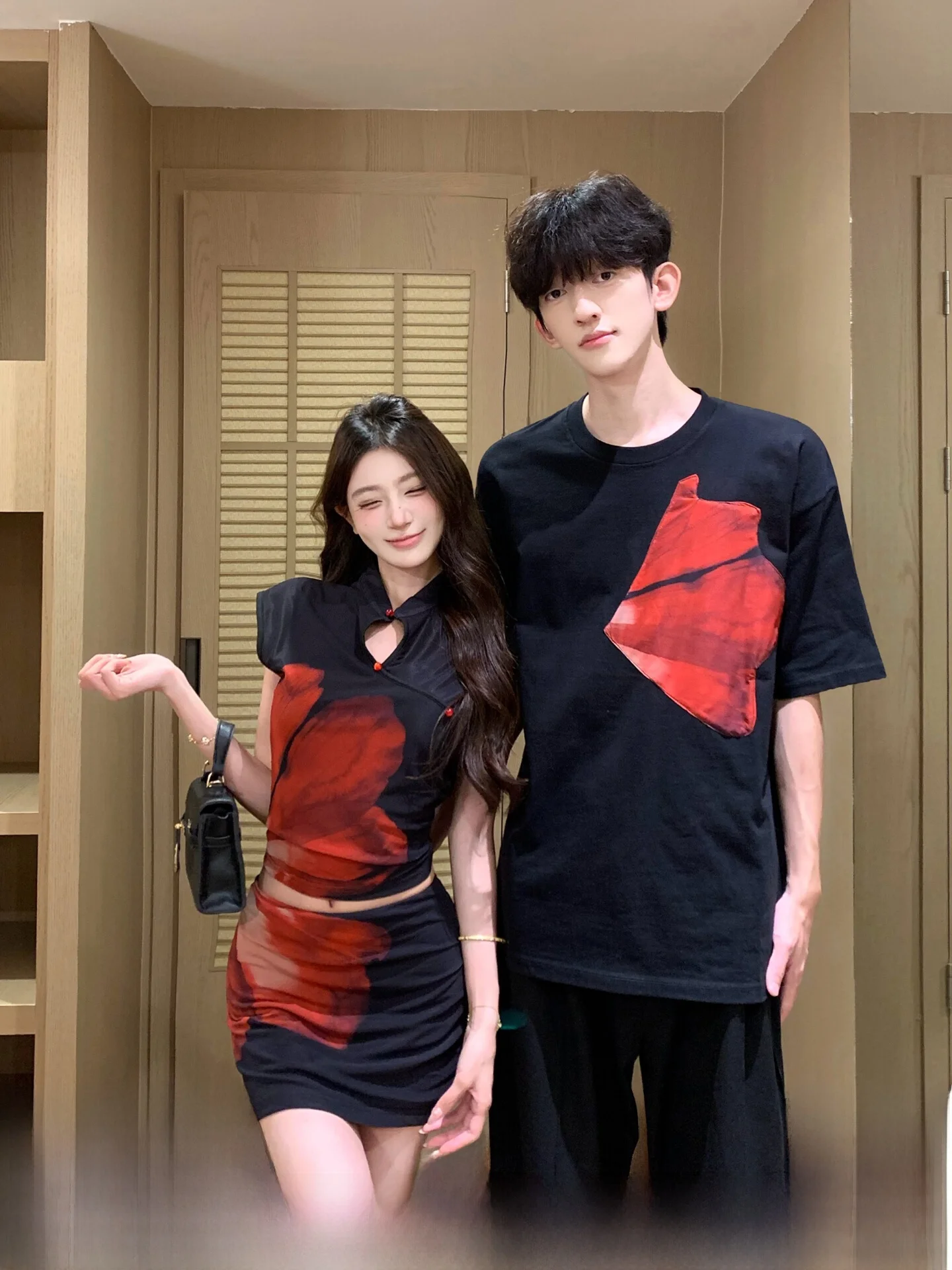 New Chinese Style Couple Matching Summer Short Sleeve T-Shirt Set Qipao Print Button Back Vest And Short Skirt Women's Wear