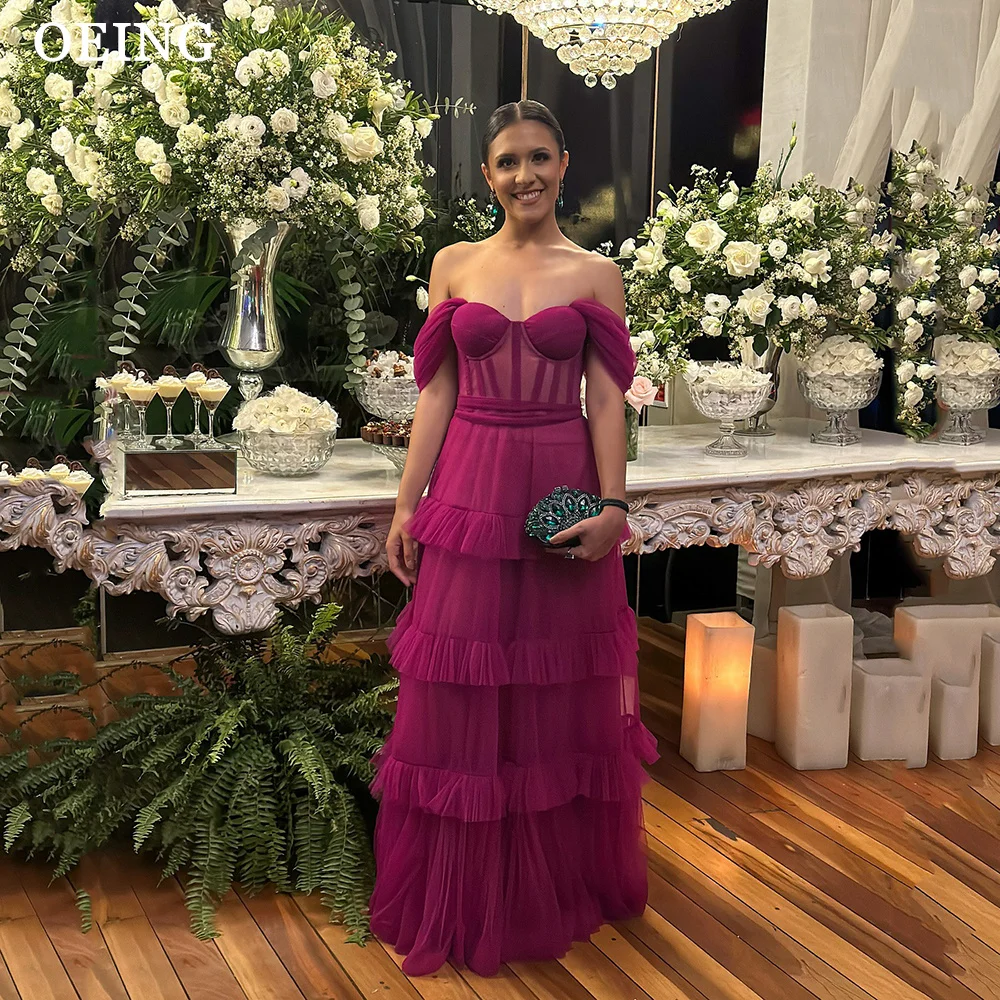 OEING Purple Tiered Tulle Layers Long Prom Dresses Off The Shoulder Party Dress Floor Length Evening Gown robes de soirée