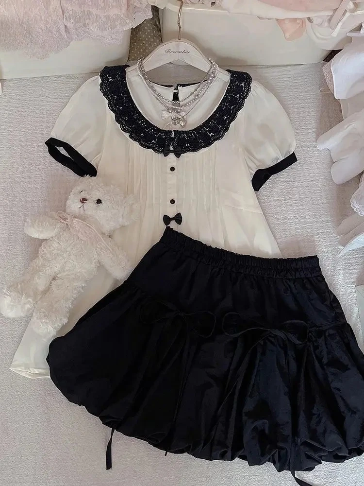 Ryousangata Coquette 2 Piece Set Women White Short Sleeve Blouse Black Lace Collar Button Front Bubble Mini Skirt Cafe Outfit
