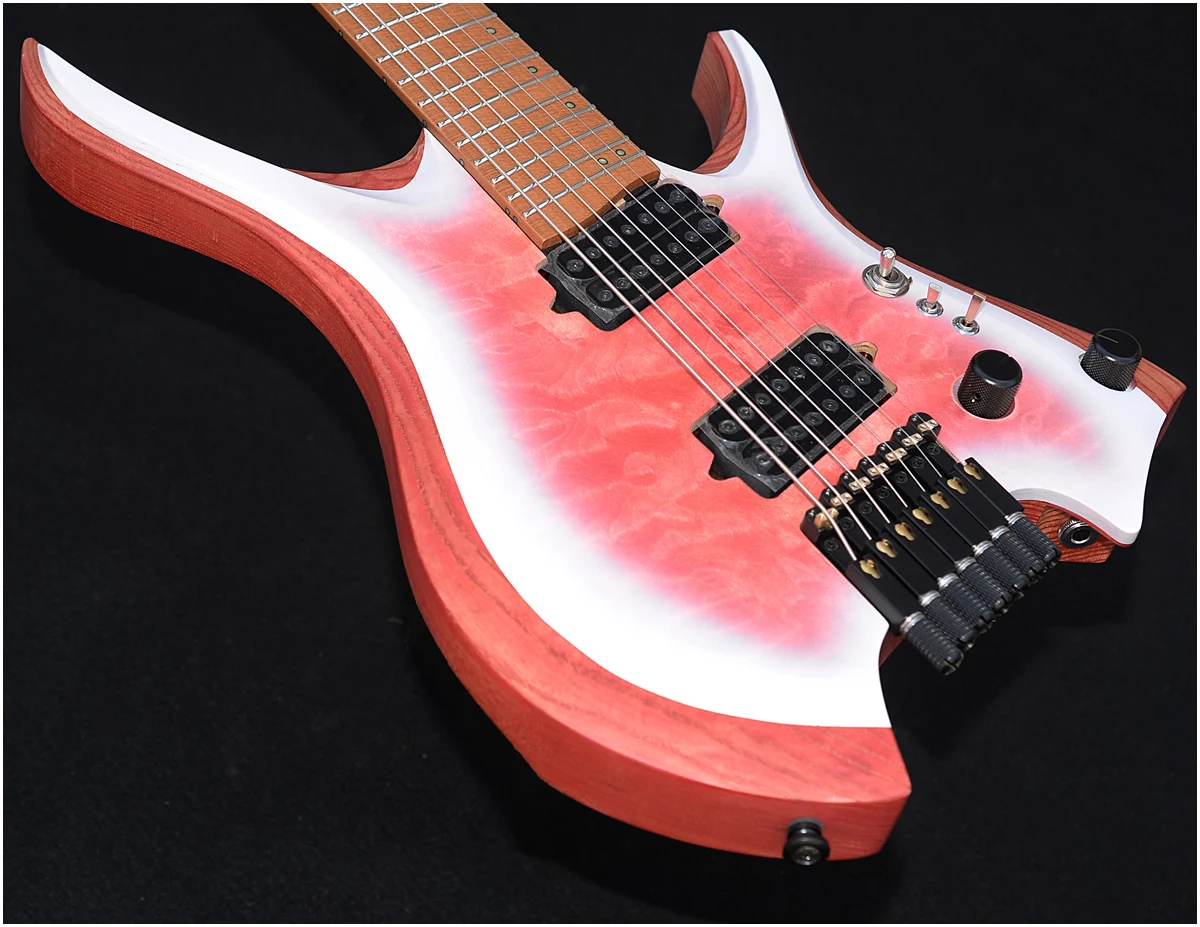 2026 NK guitar Fanned frets 7 Strings A wedge neck joint Headless Electric Guitar Pink color 5-ply Roasted Maple Neck