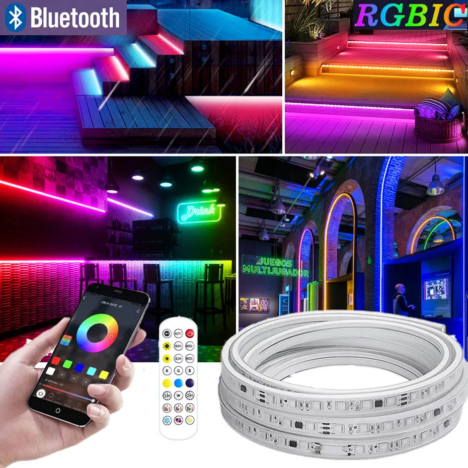 

Waterproof Bluetooth Smart RGBIC Led Strip 110V 220V Flex Tape 5050SMD RGB Led Lighting Dream Color Rainbow Chasing Effect 1-50M