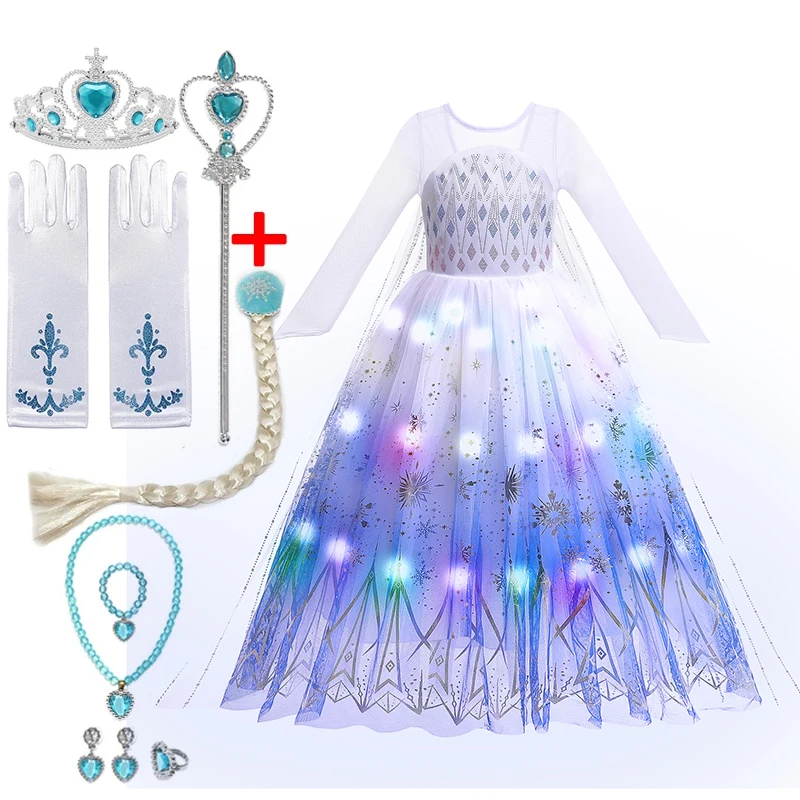 LED Light Frozen 2 Snow Queen Elsa Anna for Girls Kids Cosplay Costumes 2023 Party Prom Gown Robe Play Clothes Princess Dresses