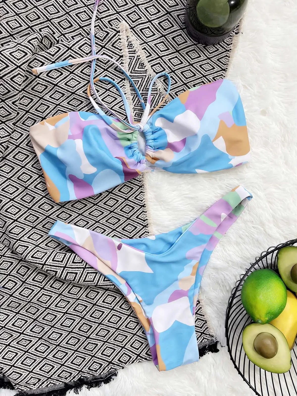 

Printed Bandeau High Cut Bikini Female Swimsuit Women Swimwear Two-pieces Bikini set Padded Bather Bathing Suit Swim Lady K3554