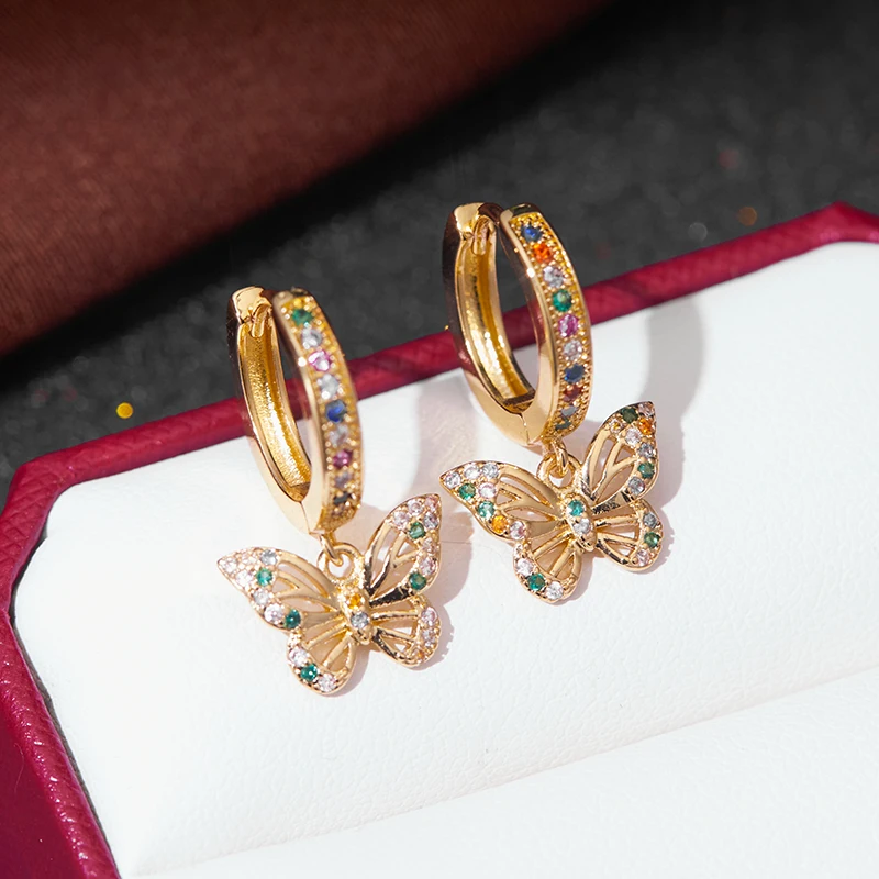 Damen-Ohrringe mit eingelegtem buntem Zirkon-Schmetterlingsanhänger, exquisiter, trendiger Mädchen-Y2k-Schmuck, personalisierter Schmuck, Geburtstagsparty-Geschenke