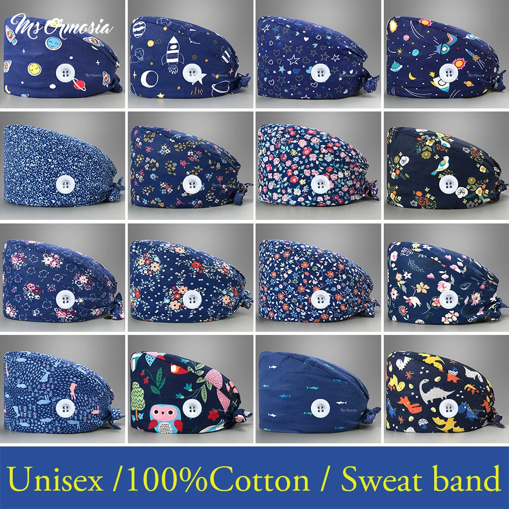 Multicolor Cotton Scrub Hat Adjustable Unisex Cartoon Printing Nursing Caps Pet Clinic Doctor Hats Adjustable Surgical Scrub Cap