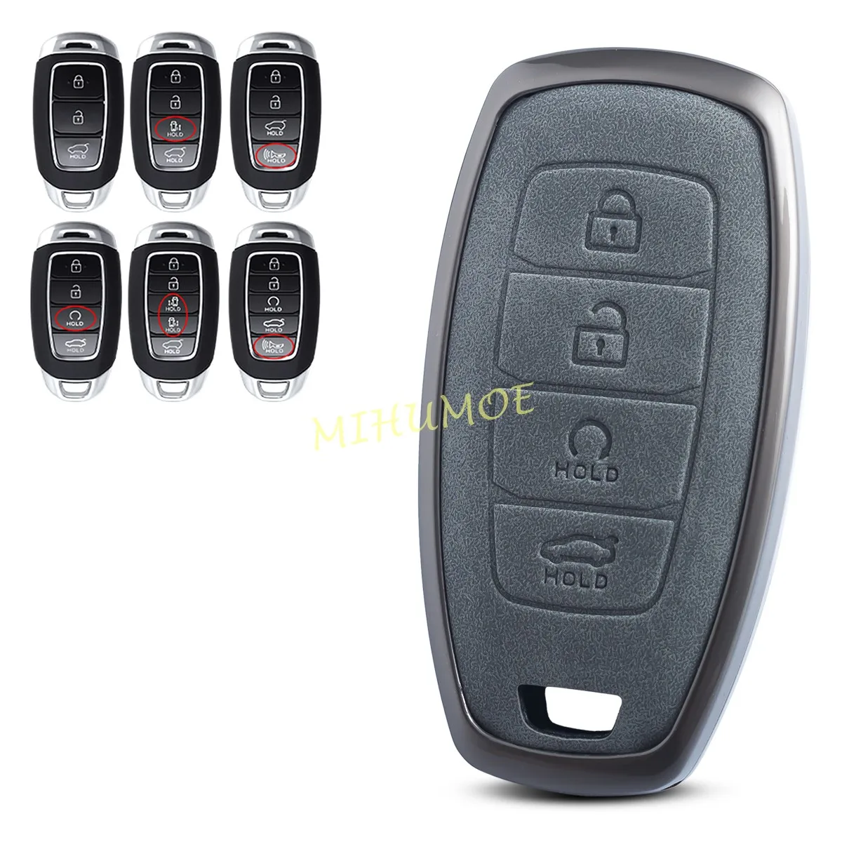 

For Hyundai Accent Santa Fe Veloster Elantra i30 Venue Palisade Kona Metal Leather Car Smart Key Fob Case Cover Accessories Gray