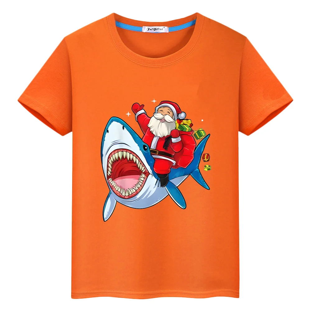 

Christmas print t shirt for kids boy 10year anime Short y2k one piece Santa rides a whale 100%Cotton Tops Cute Tees girl clothes