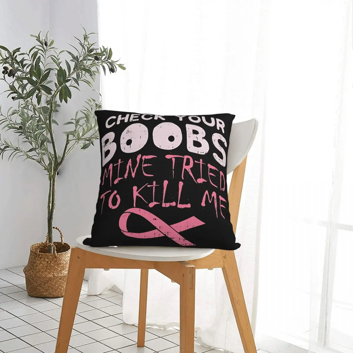 Check Your Boobs Mine Tried To Kill Me Breast Cancer Awareness Pillowcase Cushion Cover Decor Throw Pillow Case Cover Sofa