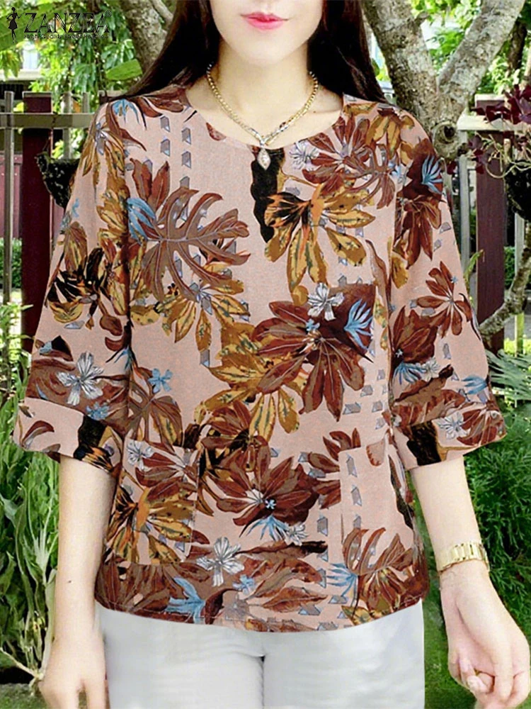 

Vintage Autumn Printed Shirts 2025 ZANZEA Women O Neck 3/4 Sleeve Blouses Bohemain Loose Tops Female Work Blusas Casual Chemise