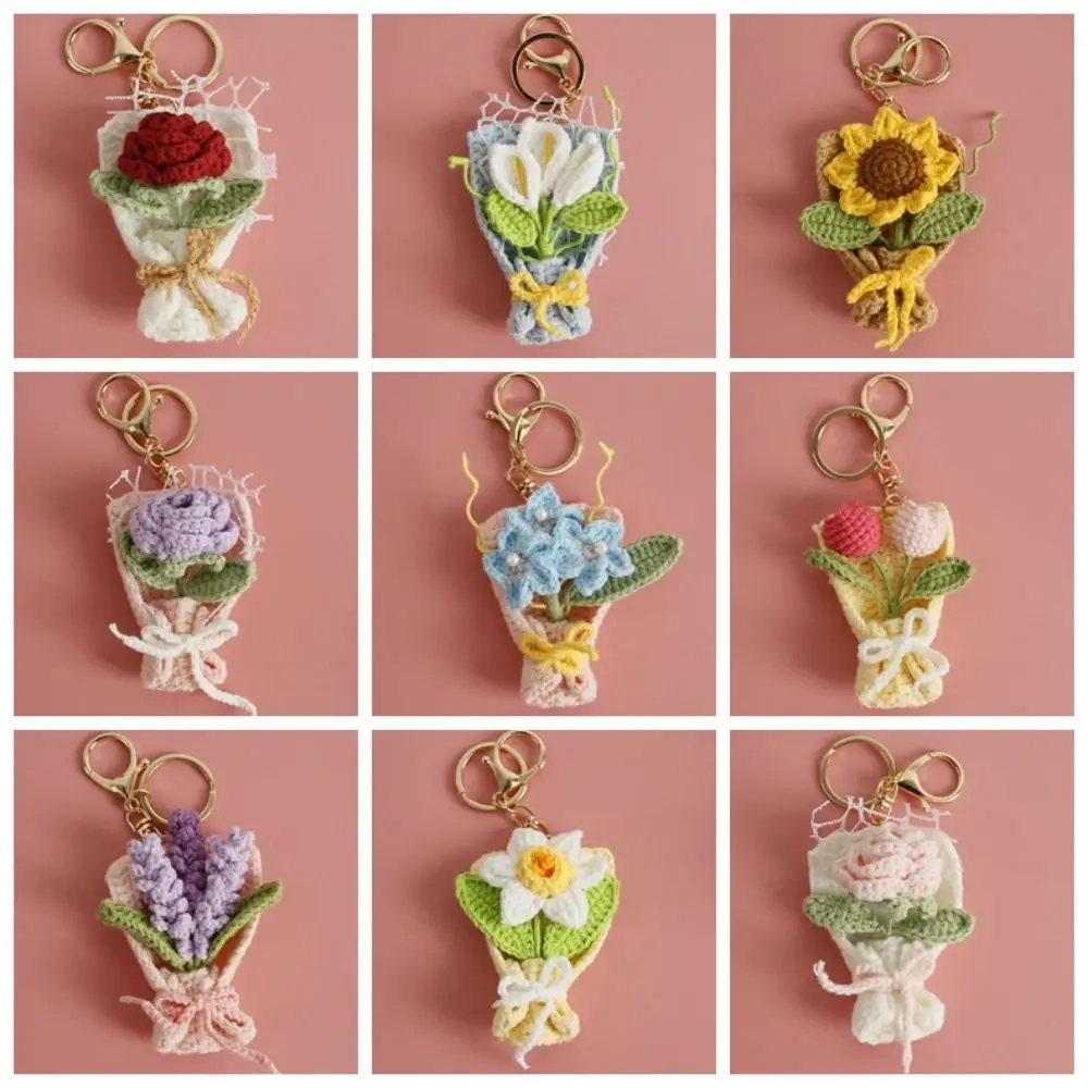 Creative Handmaking Crochet Keyrings Sweet Cute Flower Keyrings Knitted Flowers Roses Tulips Mini Bouquet Keychain Women Girls