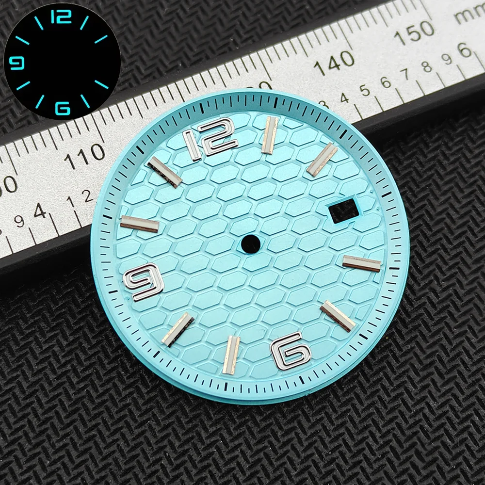 NH35 حافظة 39.5 مللي متر الياقوت الزجاج الفولاذ المقاوم للصدأ يوم واحد التقويم نافذة 33.8 مللي متر الطلب الأزرق مضيئة الأيدي العصابات ساعة أجزاء #3