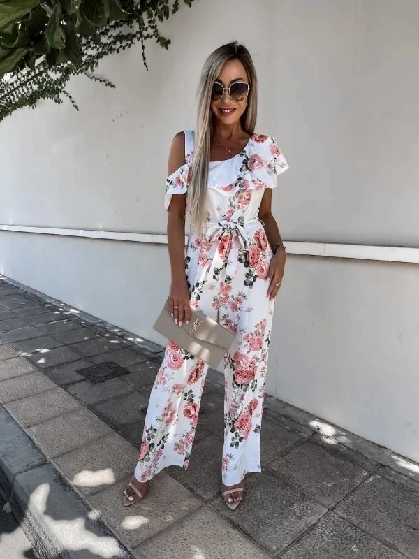 

Women's Clothing New Fashion and Leisure Sleeveless Printed Waist Tie Jumpsuit Trousers Trousers Rompers Womens Jumpsuit