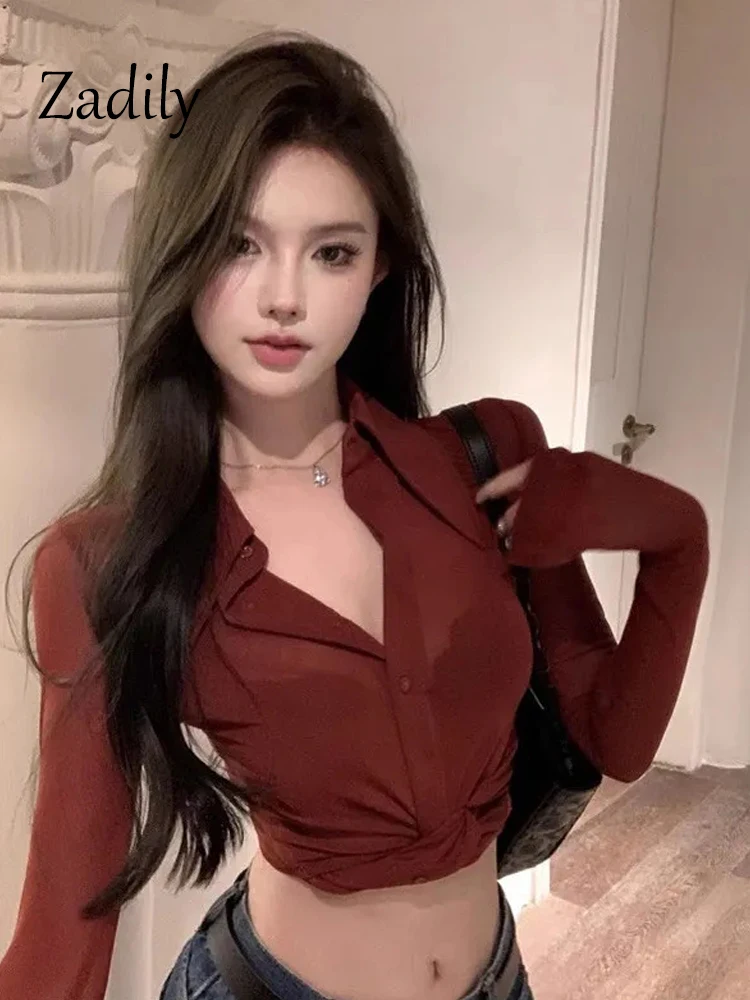 Sexy Long Sleeve Women Sheer Shirt And Blouse Button Up Slim Red High Strecth Crop Tops 2024 Summer Transparent Clothing