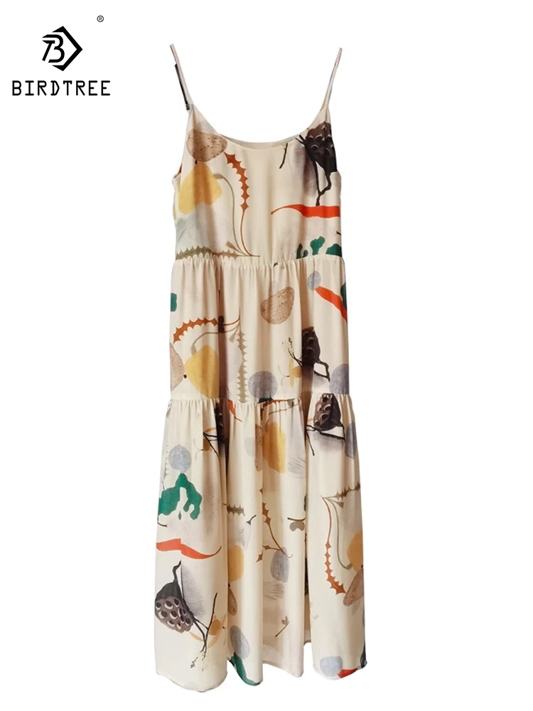 

Birdtree 100%Real Silk Casual Loose Printed Camisole Dress High Waist French Versatile Dresses 2024 Spring Summer New D41135QC