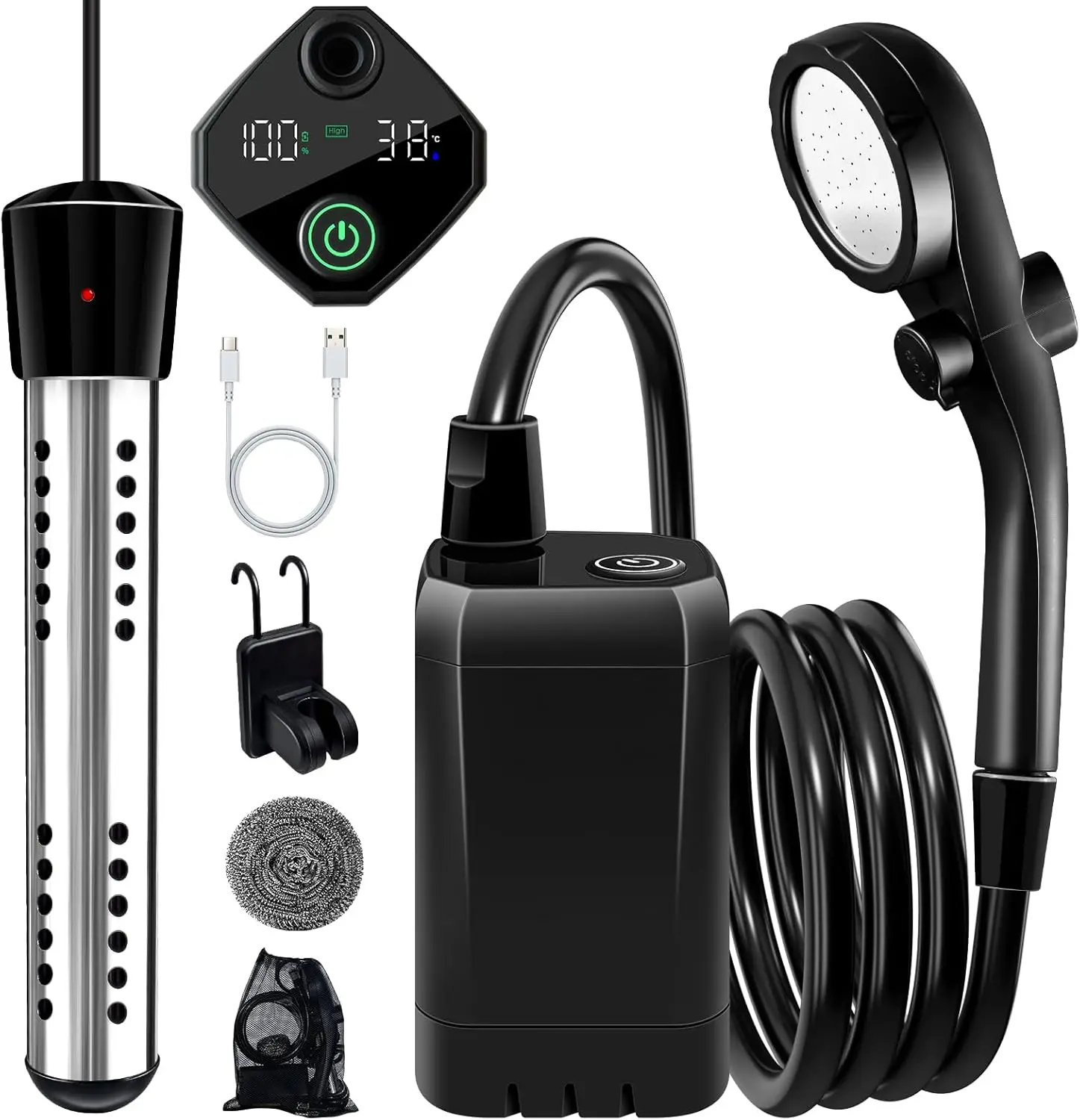 

Портативный душ с подогревом, на аккумуляторе 6000 мАч, для кемпинга, с автоматическим отключением нагревателя и цифровым дисплеем