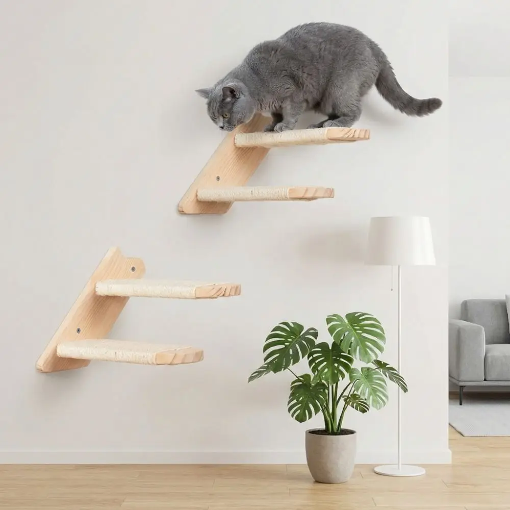 

Wooden Cat Climbing Shelf Wear Resistant with Cushion Wall Mounted Cat Hammock Space Saving Sisal Rope Cat Stairs Playing