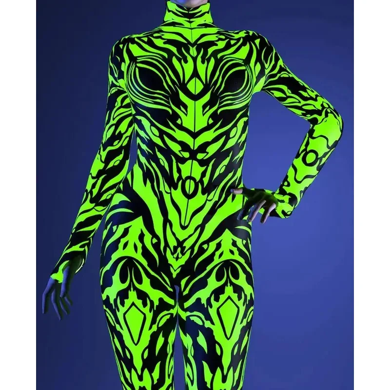 Tuta da donna con linee irregolari artistiche Tuta cyber punk Festa di Halloween Costume cosplay Performance Pagliaccetto Zentai Suit