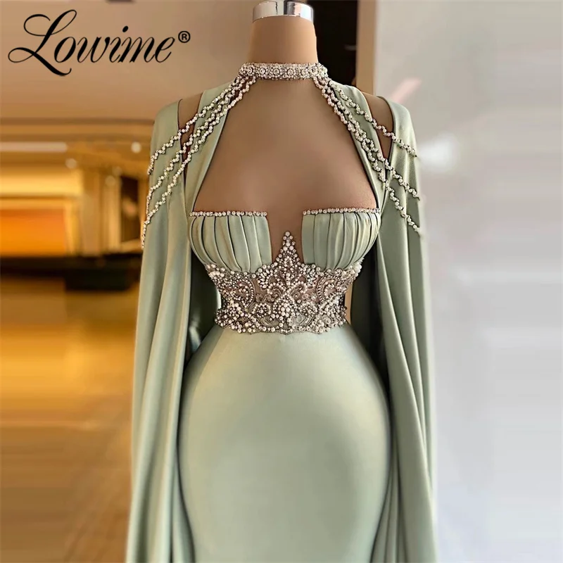 

Lowime 2022 Customize Elegant Dress Women For Wedding Party Pearls Beaded Evening Gowns Long Mermaid Arabic Jacket Prom Dresses