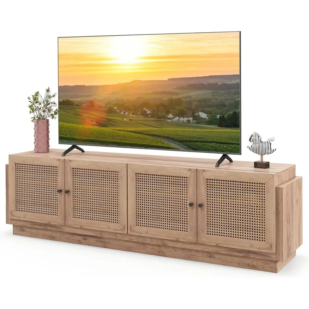 

Modern TV Stand for 75-Inch TVs, Rattan Entertainment Center with Storage and Adjustable Shelves for Living Room