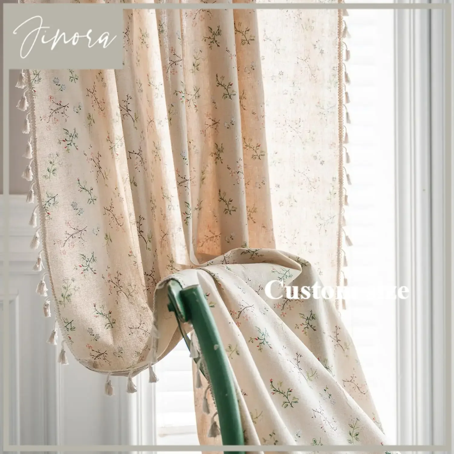 

Boho Curtains Floral Semi-Blackout Windows Curtains With Tassels Cotton Linen Curtains Panels For Bedroom Living Room, 1 Panel