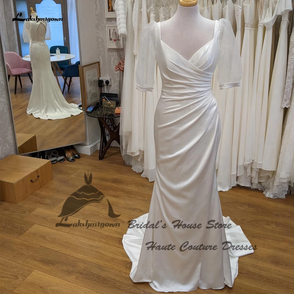 

Lakshmigown Simple Soft Satin Beach Wedding Dress Puffy Half Sleeve Vestido De Casamento 2023 Sexy Bridal Wedding Gown Open Back