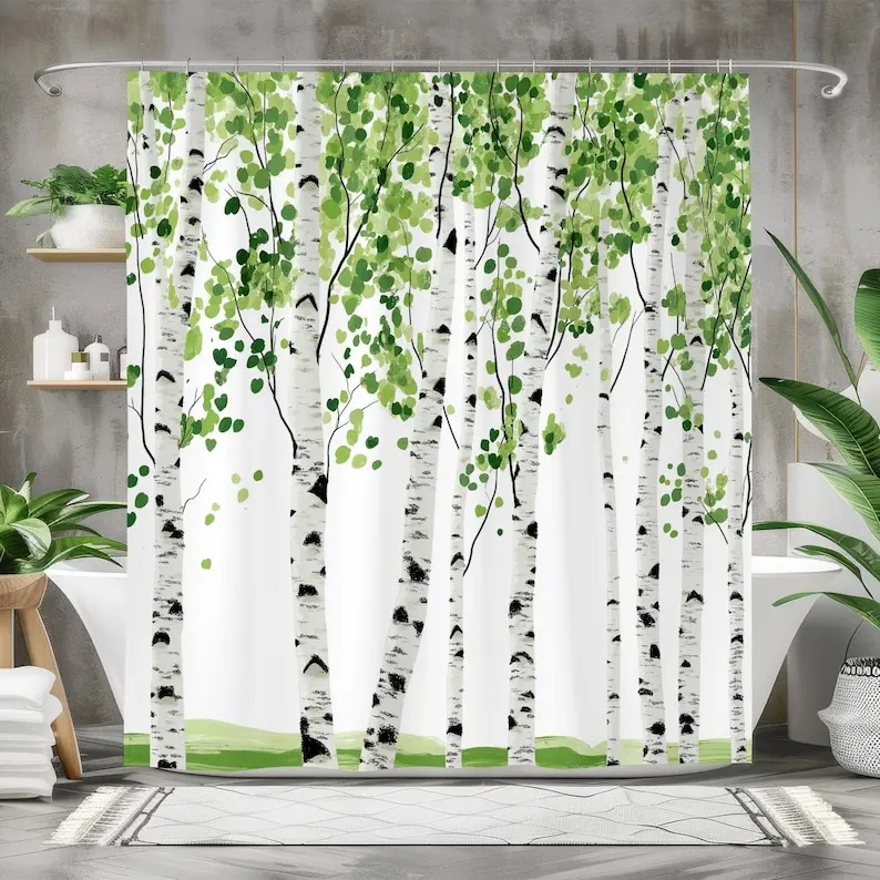 Birch Tree Forest Shower Curtain, Waterproof Fabric Bath Curtain, Nature-Inspired Bathroom Decor, Green White Minimalist Design