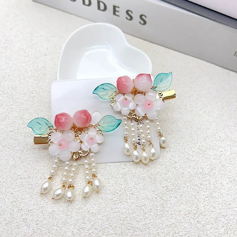 دبابيس شعر هانفو، دبابيس شعر على شكل زهرة الخوخ اللطيفة، إكسسوارات شعر بشرابة لؤلؤية على الطراز القديم للسيدات، مشابك جانبية، مشابك منقار البط #3