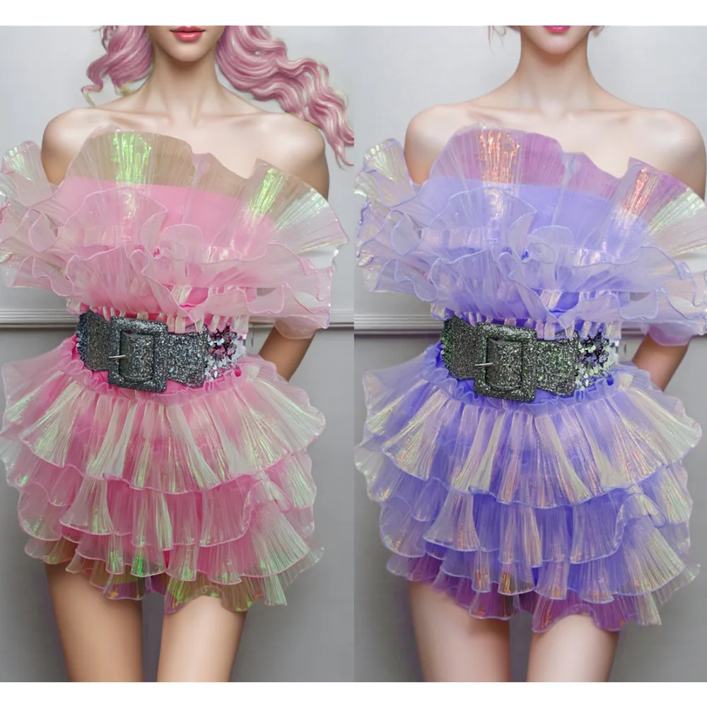 Mini robe de bal rose en gaze moelleuse, Sexy, sans bretelles, pour femmes, anniversaire, mariage, Banquet, soirée, Costume de scène de chanteur