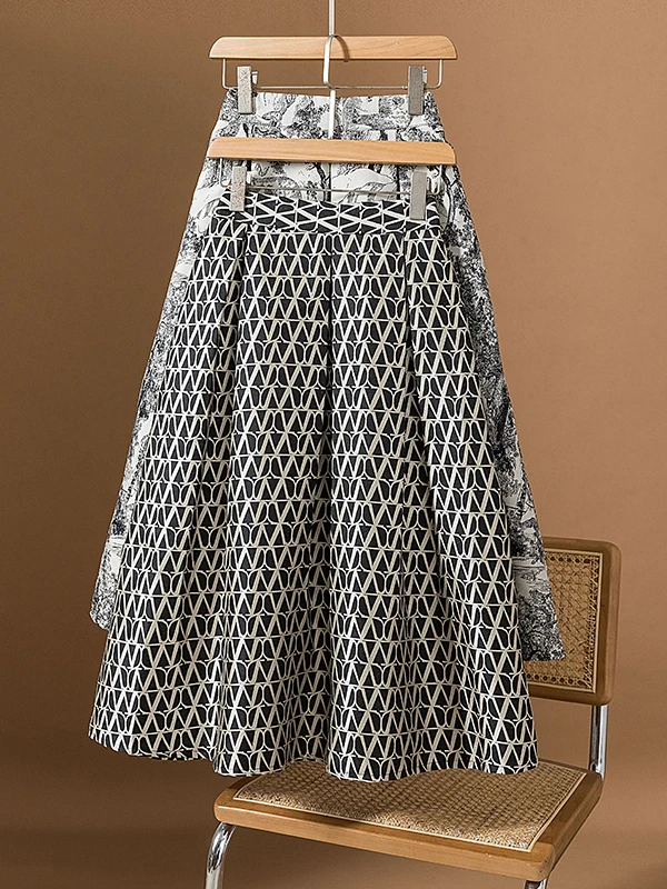 

Ретро-юбка миди с геометрическим принтом, белая, весна-лето, женская, приталенная, расклешенная, с боковым поясом-завязкой