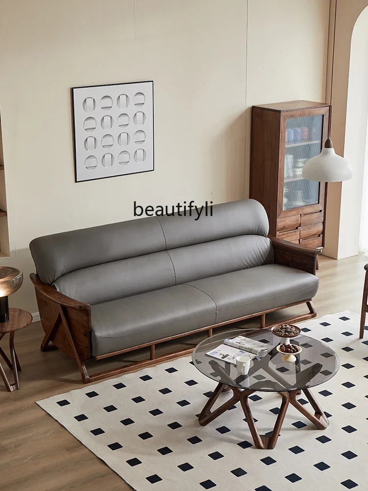 A38 North American Black Walnut Wooden Sofa Real Leather Seat Surface Soft Bag Sofa Living Room Straight Row   Combination Sofa