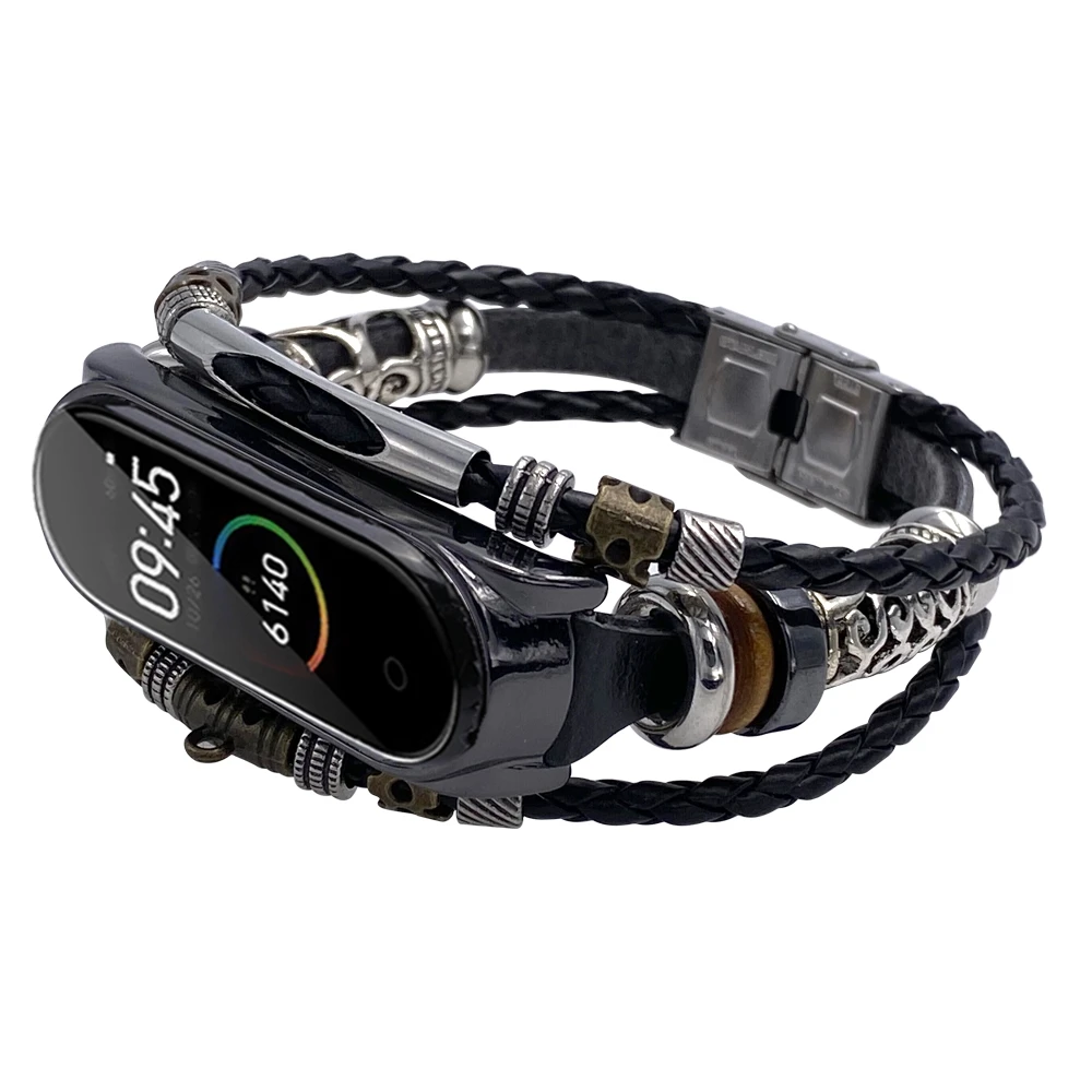 FIFATA Retro Beaded Style Metal+Leather Replacement Watch Strap For Xiaomi Mi Band 4/Mi Band 3 Smart Watch Wristband Accessories