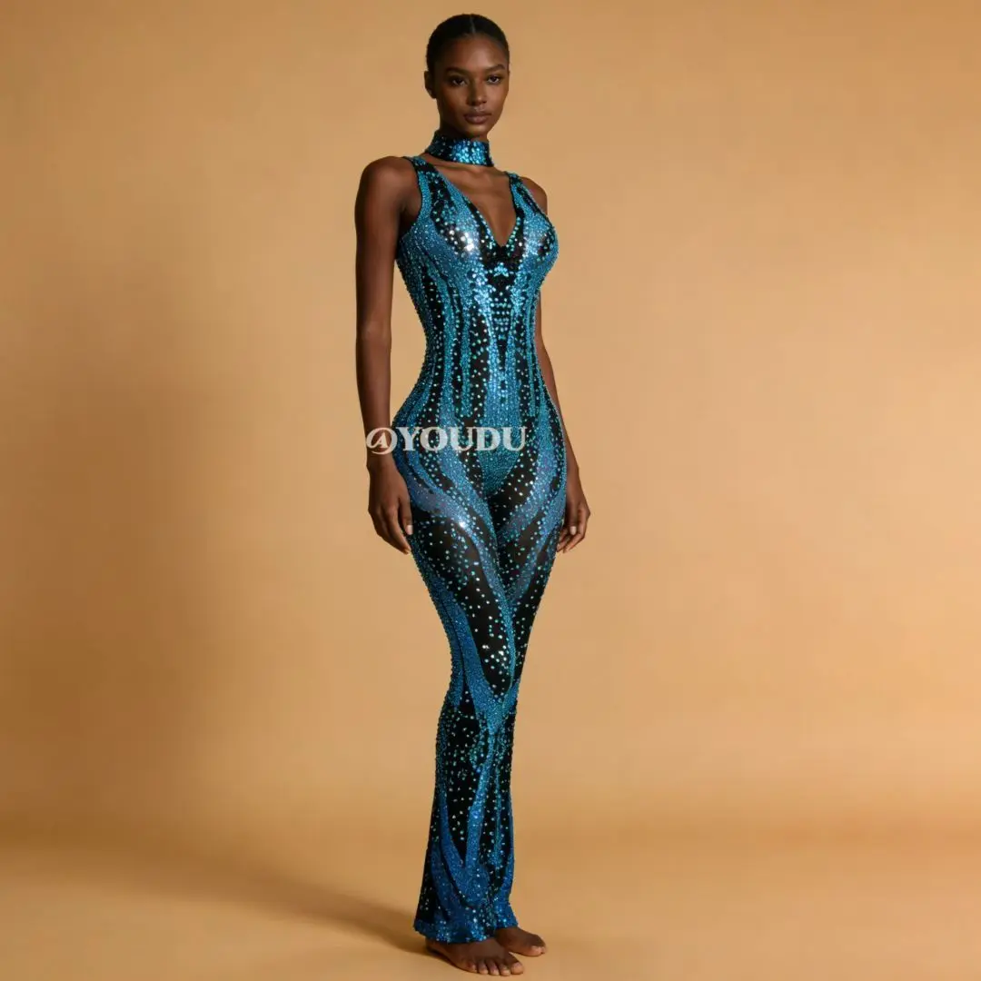 

Bingshuang Blue Gradient Rhinestone Sleeveless Sheer Mesh Flare Jumpsuit Perfect for Festival Nights and Special Occasions