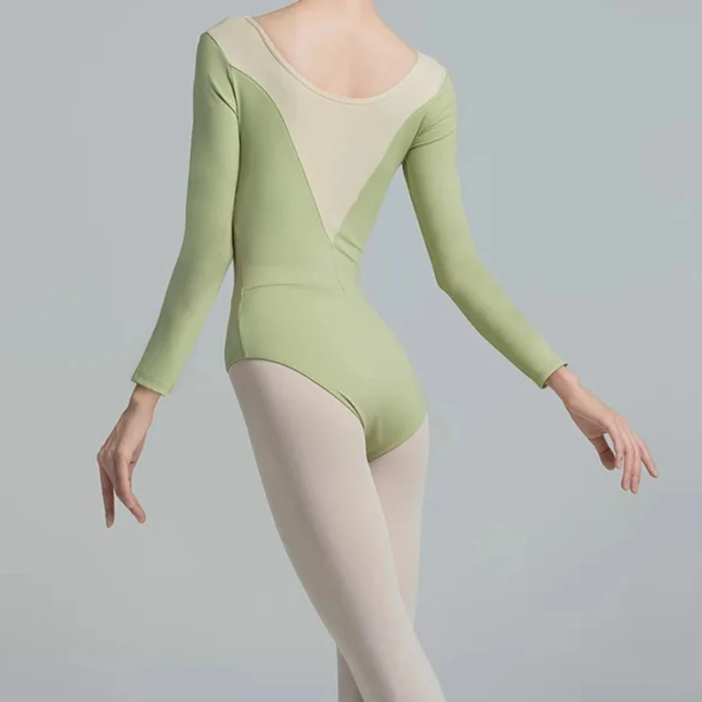 レディースバレエレオタードヨガ体操ダンストレーニングウェア長袖メッシュスプライスバレエダンスボディスーツバレリーナコスチューム