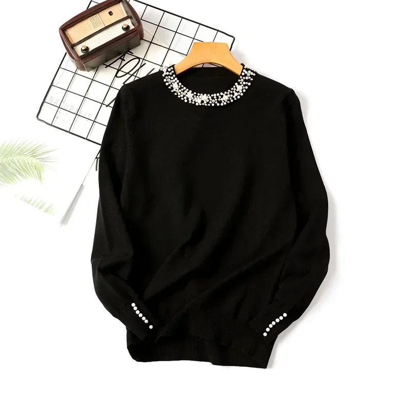 Chic Beaded O-neck Knitted Tshirts Women Spring Casual Slim Knitwear Jumper Tops Korean Long Sleeve Malhas Tee New Thin Sweater