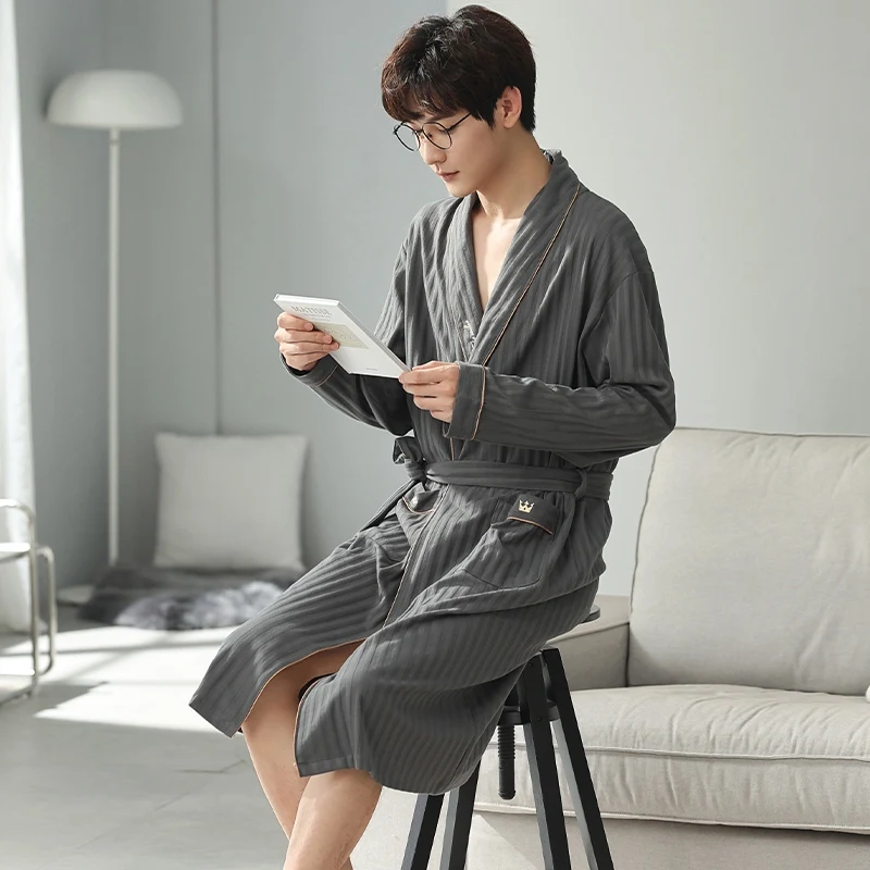 2024 Spring Autumn Plus Size Long Sleeve Cotton Kimono Robes for Men High Quality Sleepwear Bathrobes Male Homewear Home Clothes