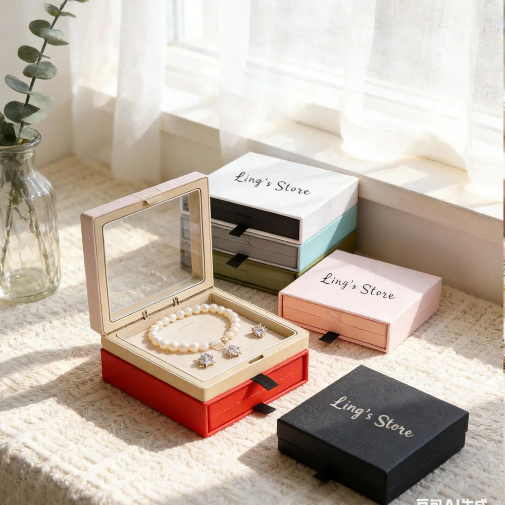 

100 шт. подарочных коробок для ювелирных изделий с индивидуальным логотипом, прозрачные, из ПЭ-пленки, с выдвижным ящиком, для сережек, колец, кристаллов, ожерелий, браслетов