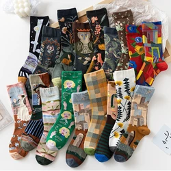 Fashion Women's Socks Harajuku Cotton Retro Art Funny Kawaii Oil Painting Landscape Sunflower Dinosaur Sock for Christmas Gift