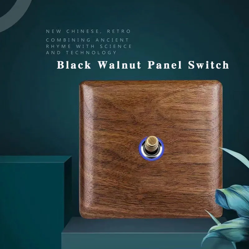 86mm x 86mm Retro Black Walnut Panel Brass Lever Switch With Blue LED Light Ring EU/RU/FR/Standard Electrical Outlett 10A 250V