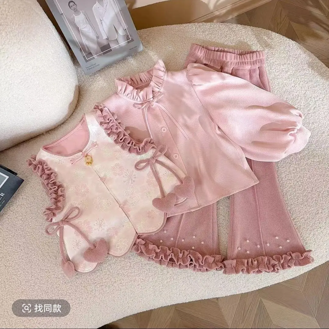 2-10Y Girls Chinese Style 3-piece Set - Long Sleeve shirt, Vest & Flared pants, Casual Outfit For Kids Toddler Girl Clothes