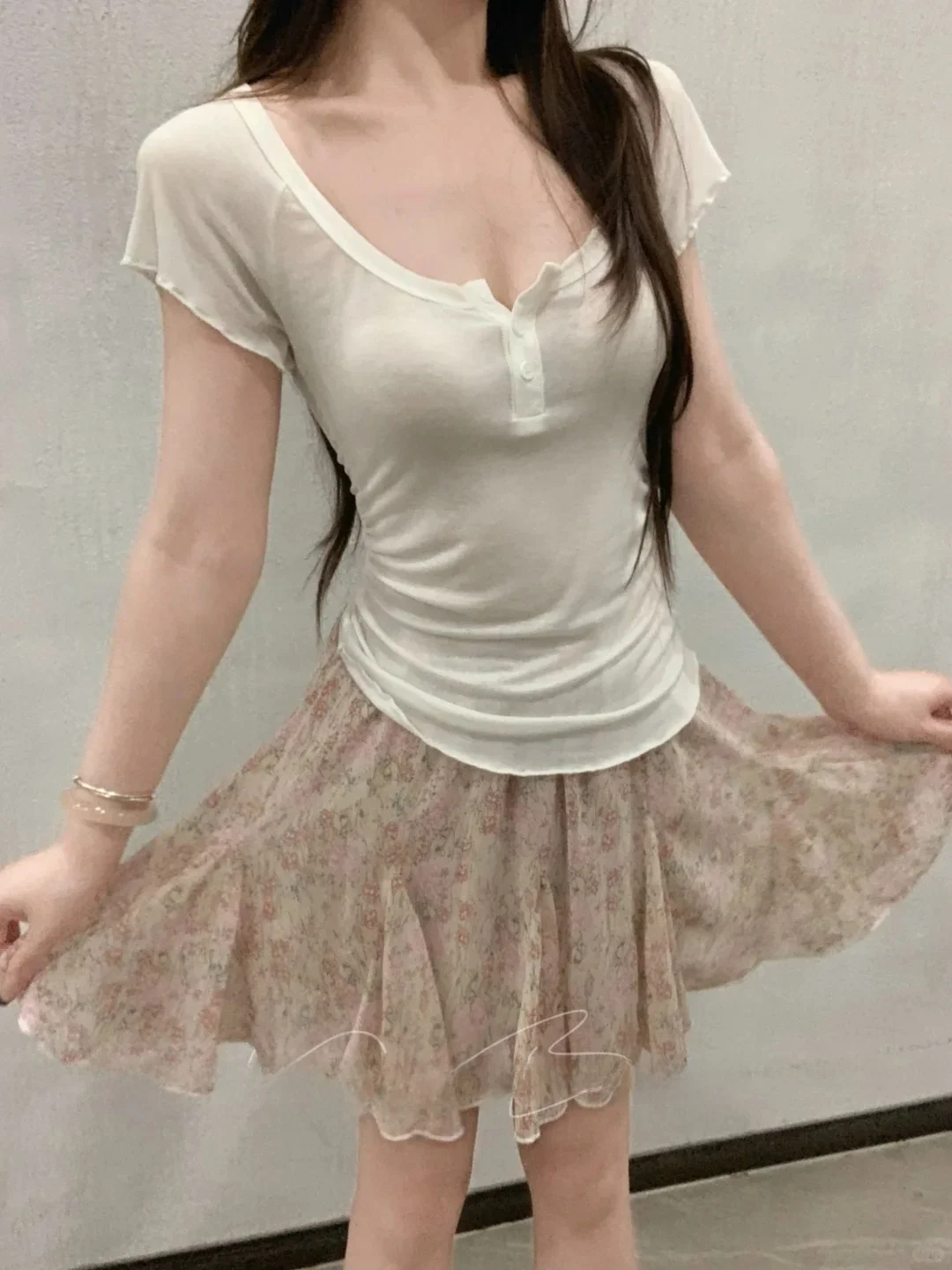 

Girls Pure Desire Large U Neck Short Sleeve T Shirt Top Floral Slimming Elegant Dress Two Piece Set Summer Fashion Outfit