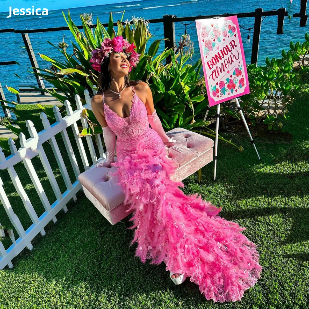 Jessica Hot Pink Wedding Dress Embroidered Feathers Luxury Prom Dresses Mermaid Spaghetti Straps Elegant Vestidos De Fiesta