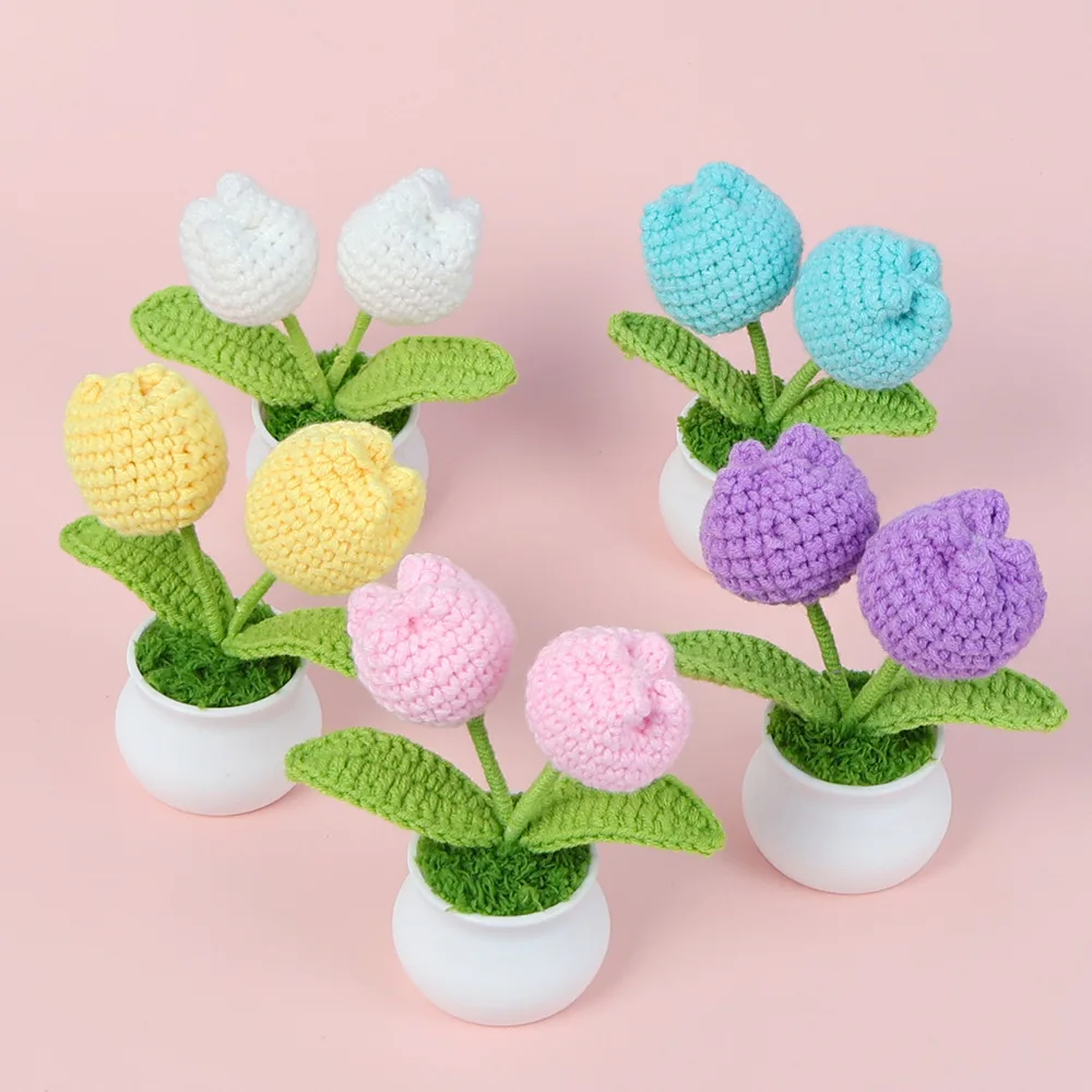 Crochet Tulips Flower Potted Creative Handmade Tulip Flowers Finished Kintted Plant Tulipanes Tejidos A Crochet Car Desktop Deco