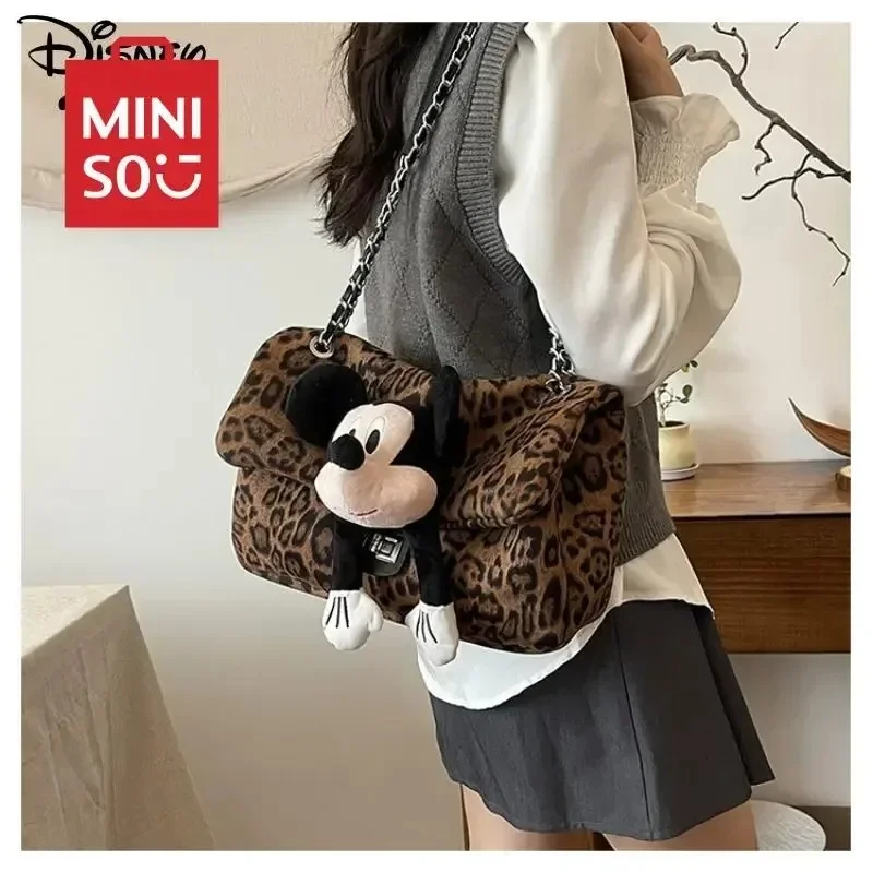 Disney Mickey Shoulder Bag Kawaii Cartoon Female Leopard Print Underarm Bag Fashion Cute Cartoon Handbag Commuter Shoulder Bag