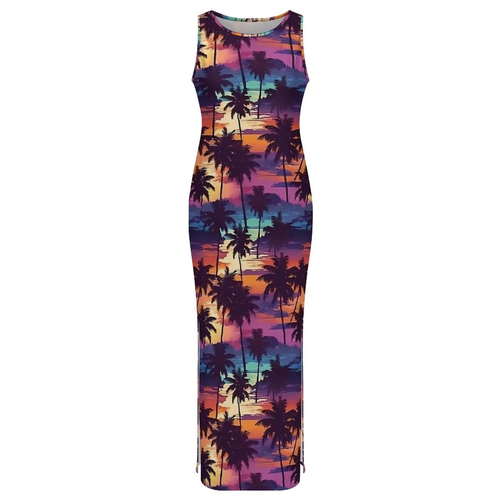 Hawaiian Sunset Palm Trees Dress Sleeveless  Casual Maxi Dresses Summer Street Wear Design Bodycon Dress Big Size 3XL 4XL