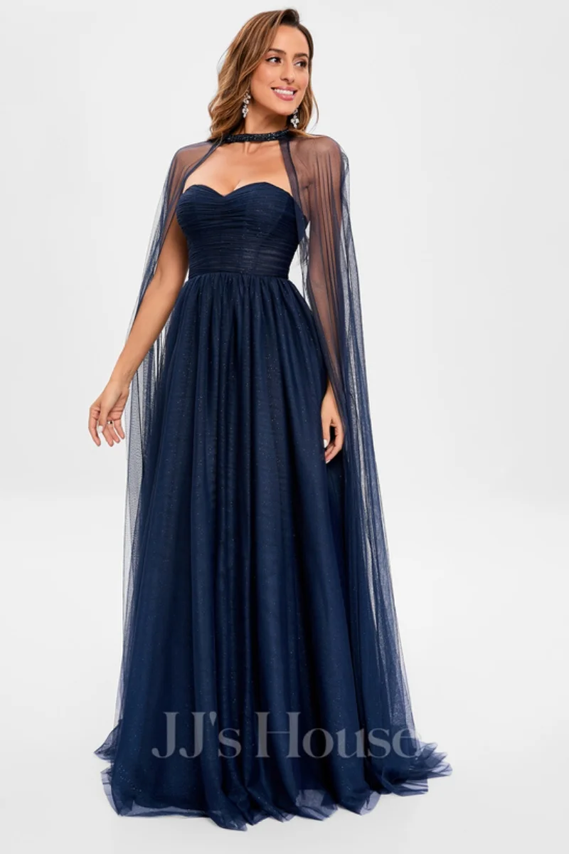 Annie Dark Blue Wedding Dress Glitter Cape Tulle Prom Dresses A-Shape Formal Occasions Evening Dresses Customized 2025