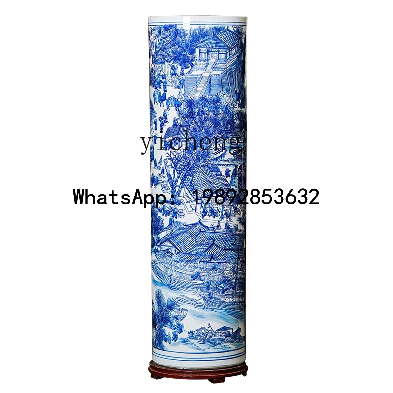 السيراميك الأزرق والأبيض الخزف من الأرض إلى السقف مزهرية كبيرة جعبة غرفة المعيشة زخرفة اسطوانة التخزين الصينية الجديدة
