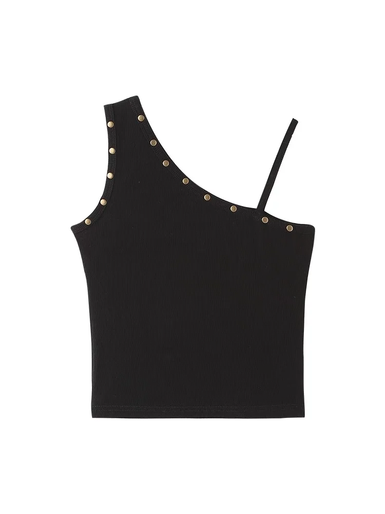 

Women's slanted shoulder rivet design gradually enhances the camisole style, making it slim and versatile