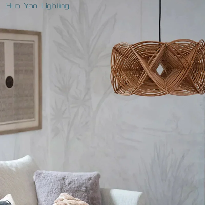 Modern Japanese Wabi Sabi Retro Rattan Weaving Chandelier, Rustic Pendant Light For Living, Dining & Bedroom, Indoor Home Fixtur